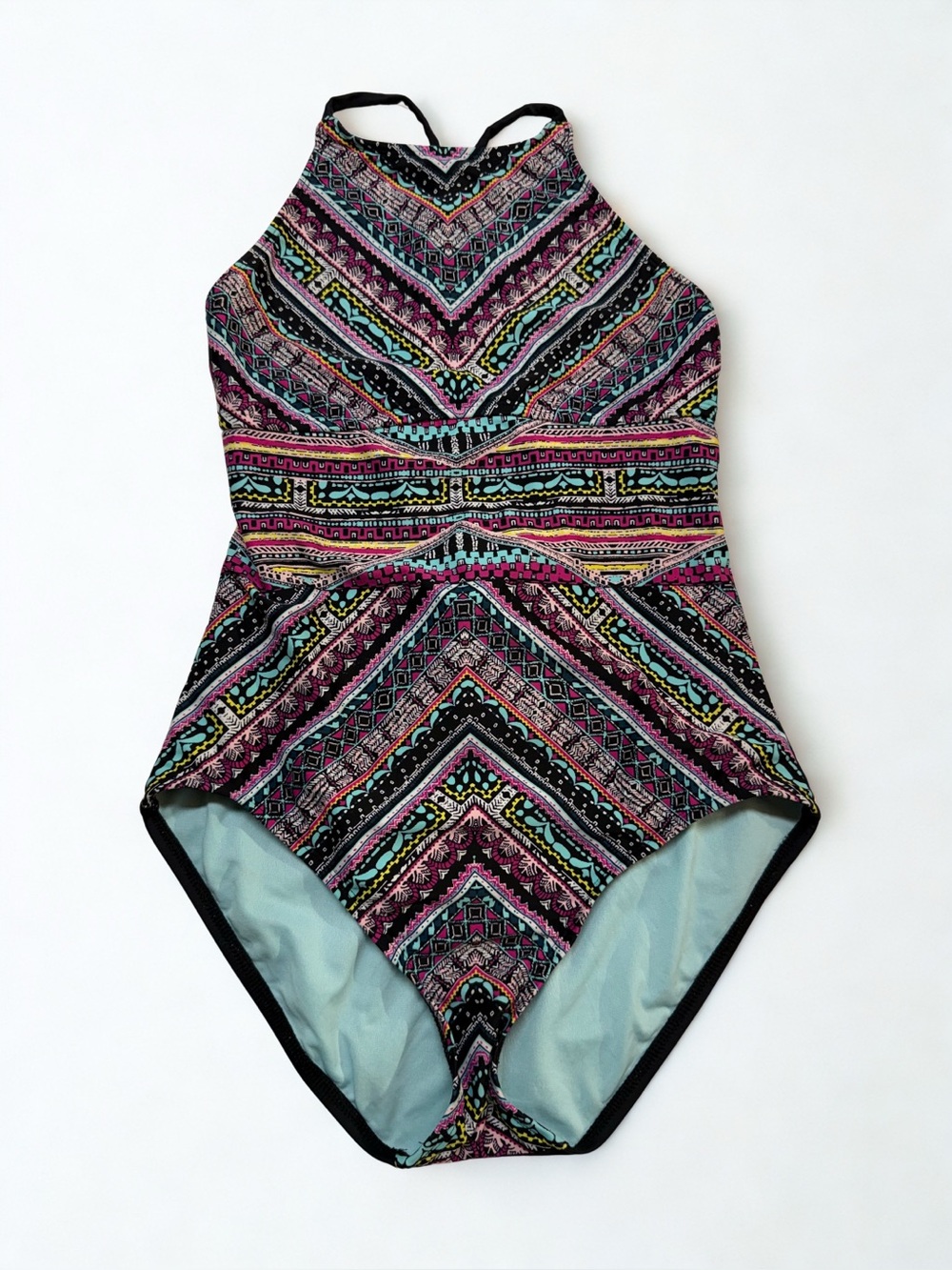 Women’s patterned one piece halter neck crisscross tie back bathing suit size m